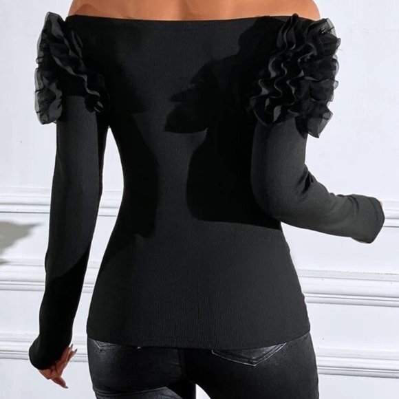Black Off The Shoulder Off Shoulder Ruffle Trim Tee - Picture 4 of 4